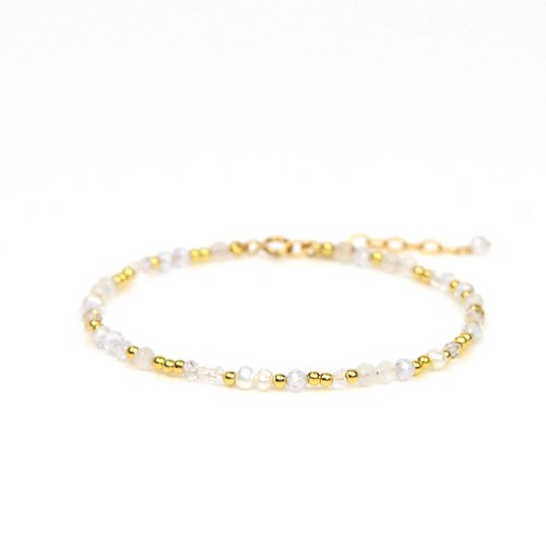 Bracelet fin en pierres fines naturelles et or laminé - diamant d'herkimer, zircon, et perle d'eau douce
