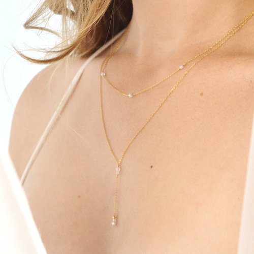 Collier fin multi-rangs en or laminé 14k et zircon naturel - collier double rang minimaliste