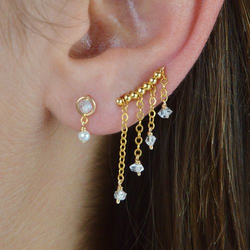 Boucle d'oreille climber, chaînettes en or laminé 14k et diamants d'herkimer - boucle oreille montante - bijoux femme