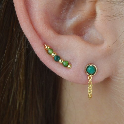 Boucle d'oreille climber en or laminé 14k, malachite et diopside - boucle effet montant - bijoux d'oreilles