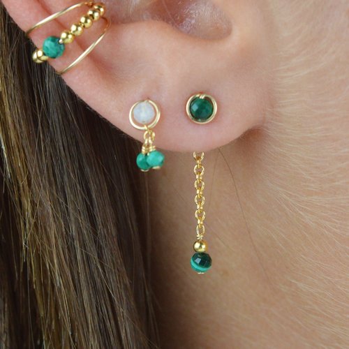 Dos de boucle d'oreille en chaîne d'or laminé et malachite - fermoir chaînette