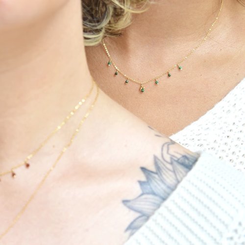 Collier fin en or laminé et malachite - collier grelots pierres fines