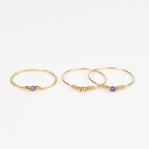 Trio de bagues fines minimalistes empilables en or laminé et améthyste - lot de bagues fines en argent 925 ou en gold filled