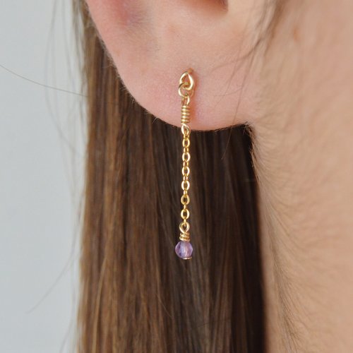 Boucles d'oreilles très fines en chaîne d'or laminé 14k et améthyste - boucles minimalistes en argent 925 ou en or