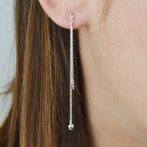 Boucles d'oreilles longues en fine chaîne d'argent 925 et améthyste - boucles d'oreilles élégantes en or laminé 14k ou en argent
