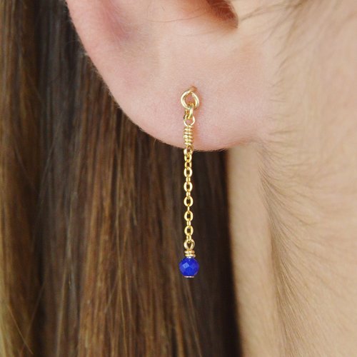 Boucles d'oreilles fines chaînes en or laminé 14k et lapis lazuli - boucles d'oreilles minimalistes en argent 925 ou en or