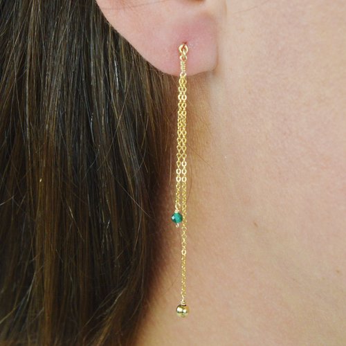 Boucles d'oreilles longues en fine chaîne en or laminé 14k et malachite - boucles d'oreilles élégantes en argent 925 ou en or