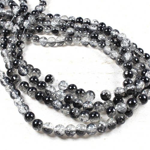50 perles en verre craquelé bicolores noir & translucide 6mm 