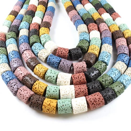 10 perles colonne en pierre de lave naturelle multicolore +/- 10 x 9 à 10mm    lbp00205 