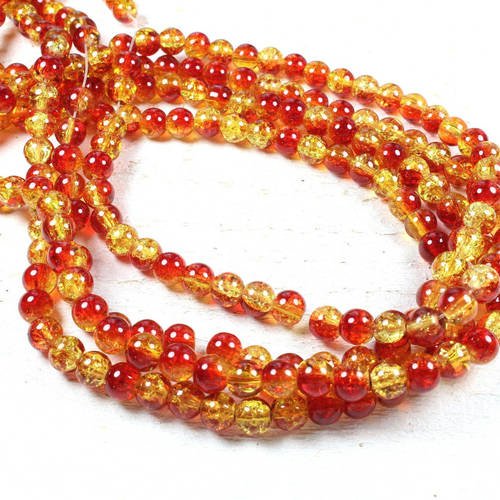 50 perles en verre craquelé bicolores rouge & orange 6mm 