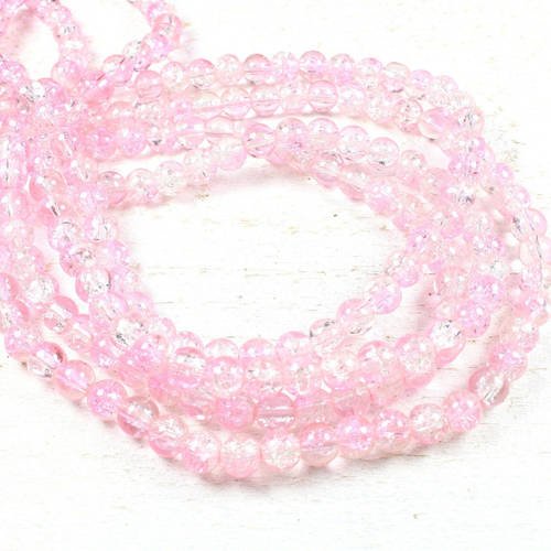 50 perles en verre craquelé bicolores rose & translucide 6mm 