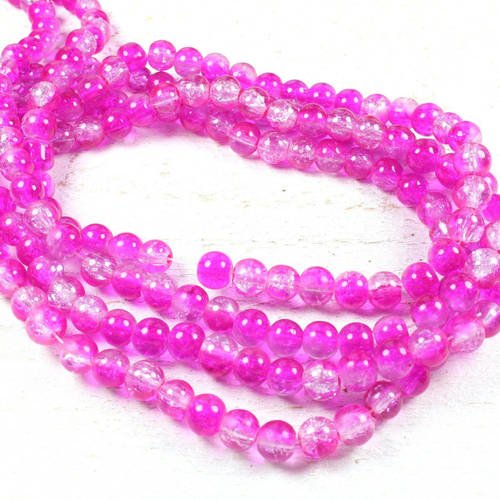 50 perles en verre craquelé bicolores rose & translucide 6mm 