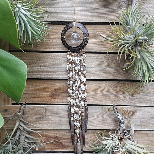 Mobile, suspension, carillon, coquillages, oursins, coco, verre, création artisanale