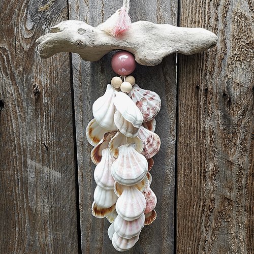 Mobile, suspension, carillon, coquillages, bois flotté, création artisanale