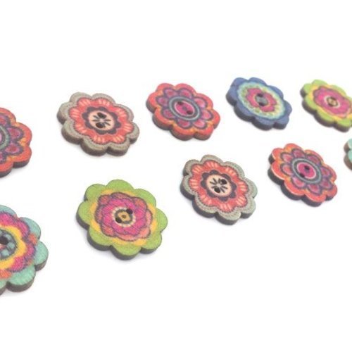10 boutons bois fleurs couleurs mélangées 20mm (div66) 