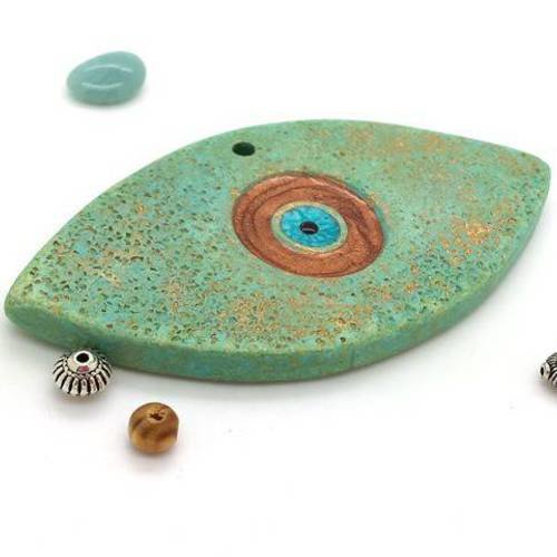 1 grand pendentif céramique oeil grec porte-bonheur vert sautoir xxl (pc238) 