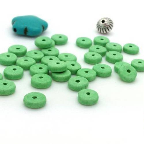 20 perles rondelles céramique grecque vert mat diamètre 6mm (pc236) 