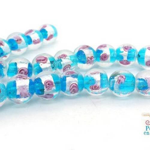 Bleu turquoise: 5 perles verre lampwork 12mm feuille d'argent fleurs style murano (pv767) 