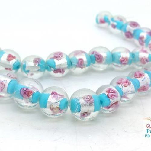 Bleu ciel: 5 perles verre lampwork 12mm feuille d'argent fleurs style murano (pv765) 