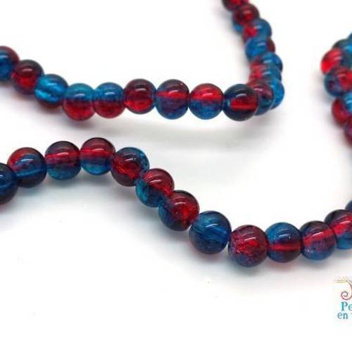 20 perles en verre bicolore cracked beads bleu rouge 6mm (pv753) 