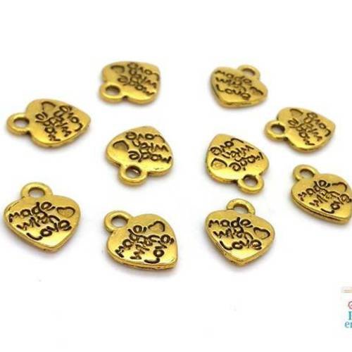 20 breloques coeur made with love or / doré  9x12mm (bre622) 