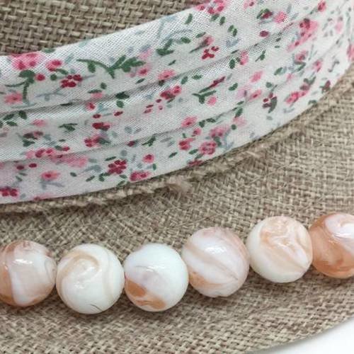 5 perles artisanales verre lampwork marbré rose pâle et blanc 13mm (pv737) 