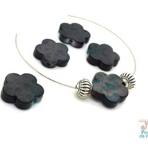 10 perles fleurs effet taches d'encre gris et turquoise 15mm (ps47) 