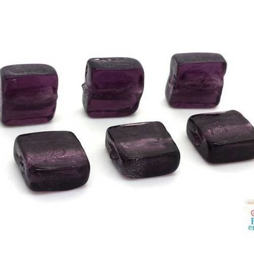 6 perles carrées violet feuille d'argent 12mm verre style murano (pv735) 