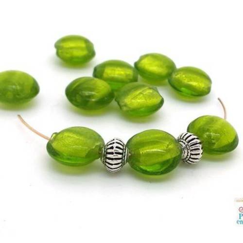 8 perles palets en verre feuille d'argent  vert pomme 12mm style murano  (pv25) 