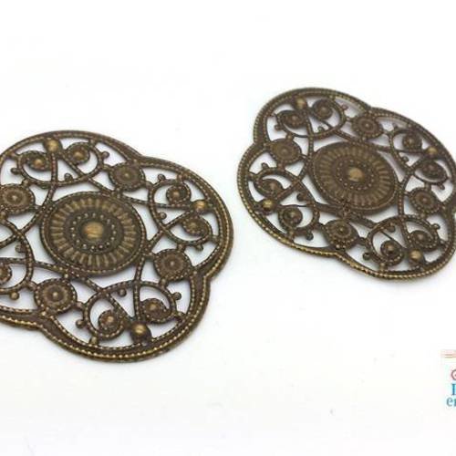 2 pendentifs estampe filigrane fleur bronze sans nickel 43mm (bre415-e) 