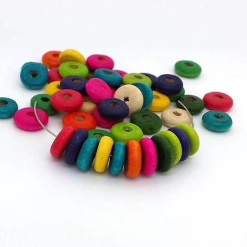 50 perles rondelles en bois 3.5x10mm couleurs mélangées (pb66) 