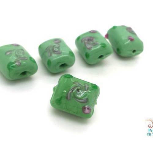 5 perles rectangulaires verre lampwork vert coussin de 13x16x11mm (pv703) 