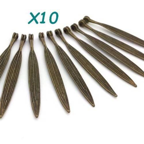 10 longues breloques 56mm feuilles métal bronze sans nickel (bre563) 