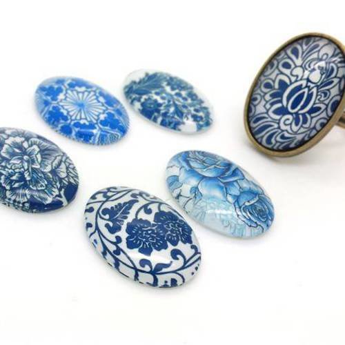 5 cabochons 18x25mm dôme en verre imitation porcelaine chinoise blanc bleu (cab156) 