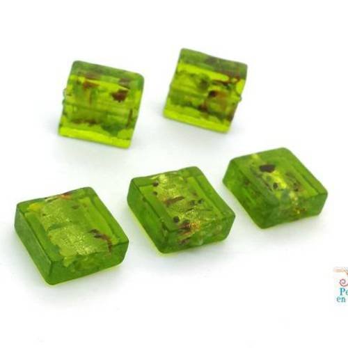 5 perles carrées en verre vert pomme 12x12mm (pv689) 