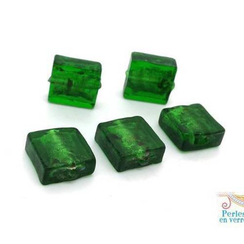 5 perles carrées en verre vert foncé 12x12mm (pv688) 