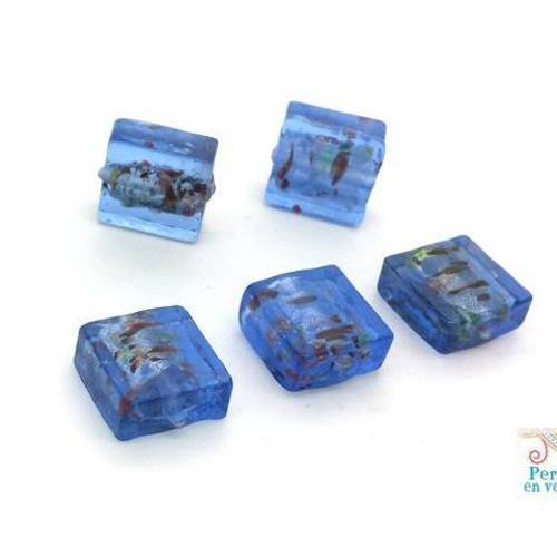 5 perles carrées en verre bleu 12x12mm (pv685) 