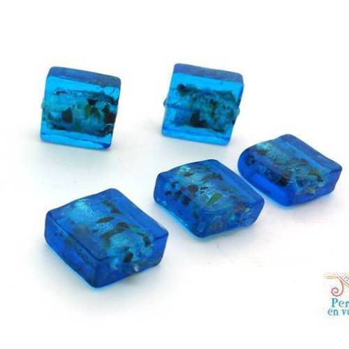 5 perles carrées en verre bleu turquoise foncé 12x12mm (pv690) 