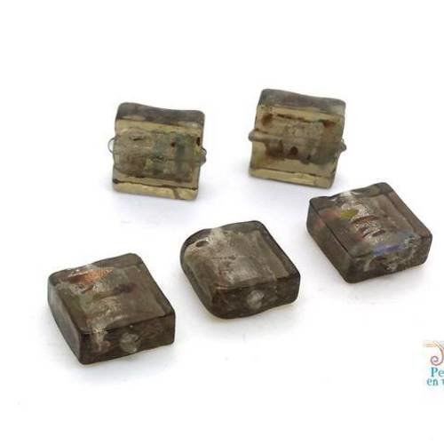 5 perles carrées en verre gris fumé 12x12mm (pv686) 