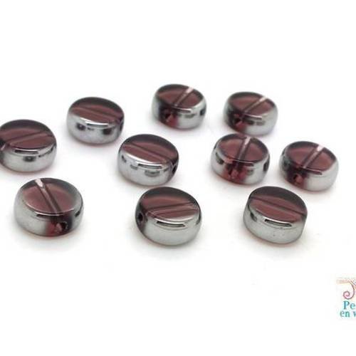 10 perles en verre prune cerclées argent 10mm (pv197) 
