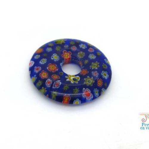 1 grand donut verre millefiori 34mm fleuri bleu façon murano (pv678) 
