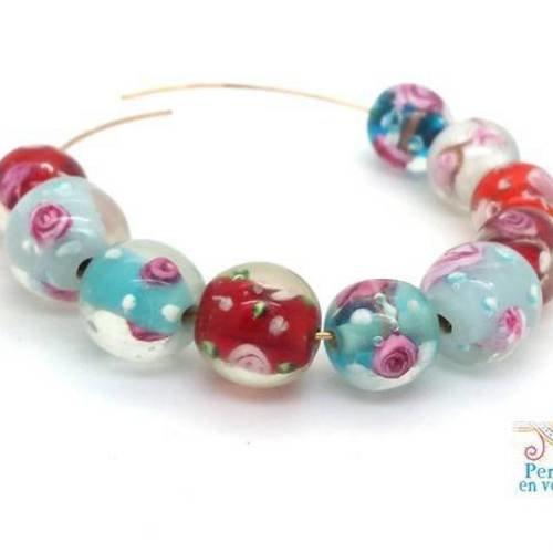 Lot 10 perles verre lampwork 10 à 12mm fleurs couleurs mélangées façon murano (pv679) 
