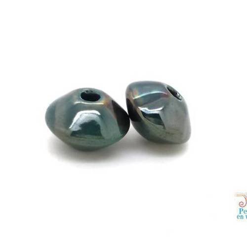 2 perles soucoupe céramique émaillée bleu pétrole 11x17mm (pc34) 