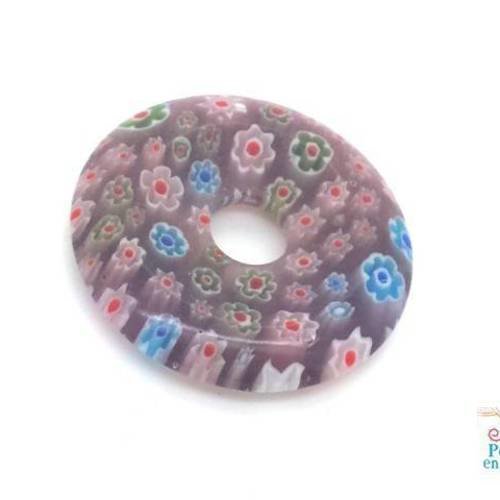 1 grand donut verre millefiori 34mm mauve fleuri  façon murano (pv671) 