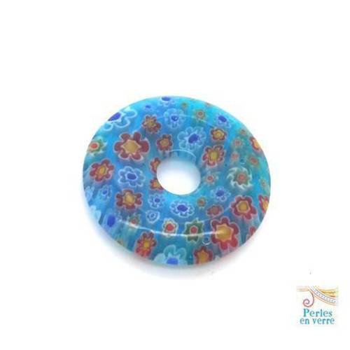 1 grand donut verre millefiori 34mm fleuri bleu turquoise façon murano (pv675) 