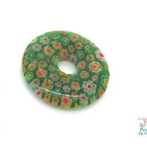1 grand donut verre millefiori 34mm fleuri vert façon murano (pv673) 