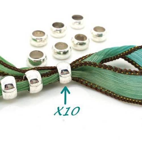 10 perles métal argenté gros trou 6x10mm (pm199) 