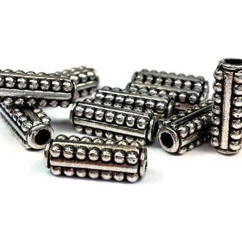 10 perles tubes à picots, métal argenté style ethnique 5x14mm (pm129) 