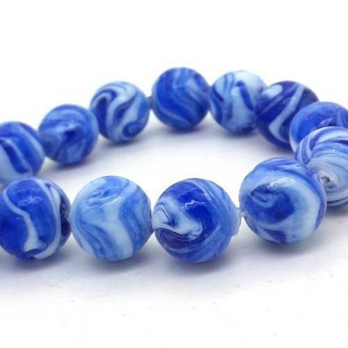 5 perles artisanales en verre lampwork spirale bleu foncé et blanc 13-14mm (pv355) 