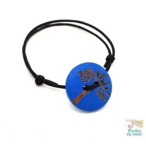 1 bracelet bouton arbre bleu à customiser noeud coulissant (bra45) 